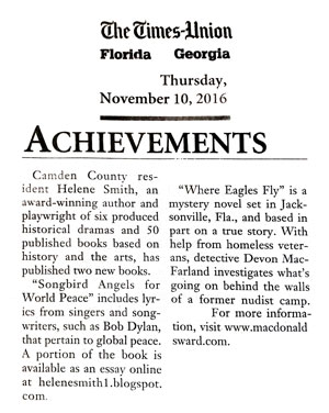 Times-Union newspaper about Where Eagles Fly and Songbird Angels for World Peace